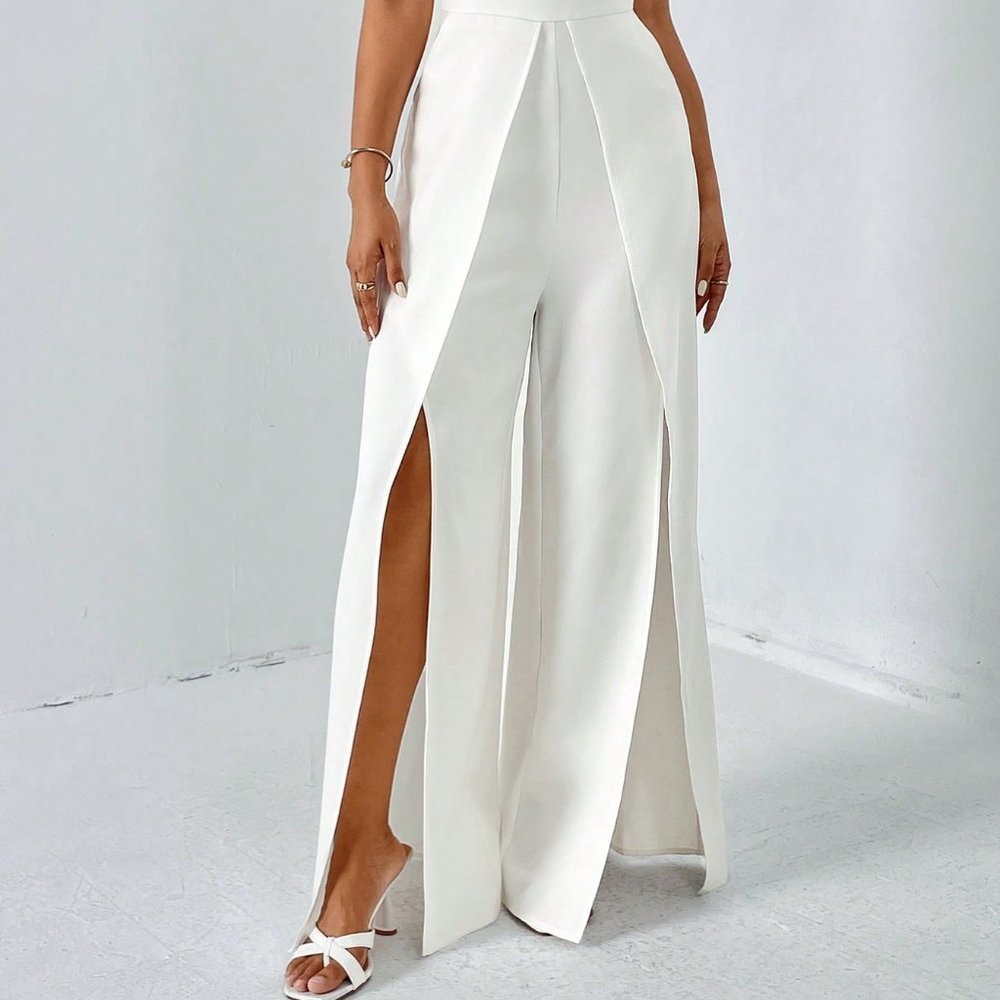 White Preppy Womens Split Thigh Tube Jumpsuit - Picture 4 of 5